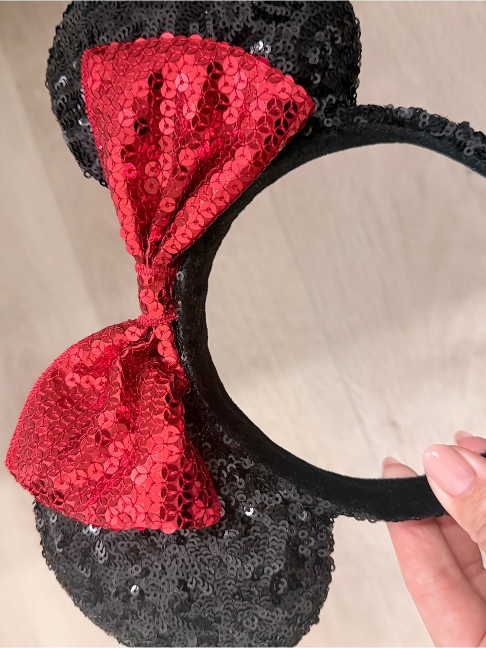 Disney Black Sequin Minnie Ear Headband with Red Sequin Bow - Picture 3 of 3